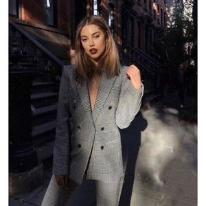 Zara classic double breasted plaid houndstooth gray blazer XS reformation mango